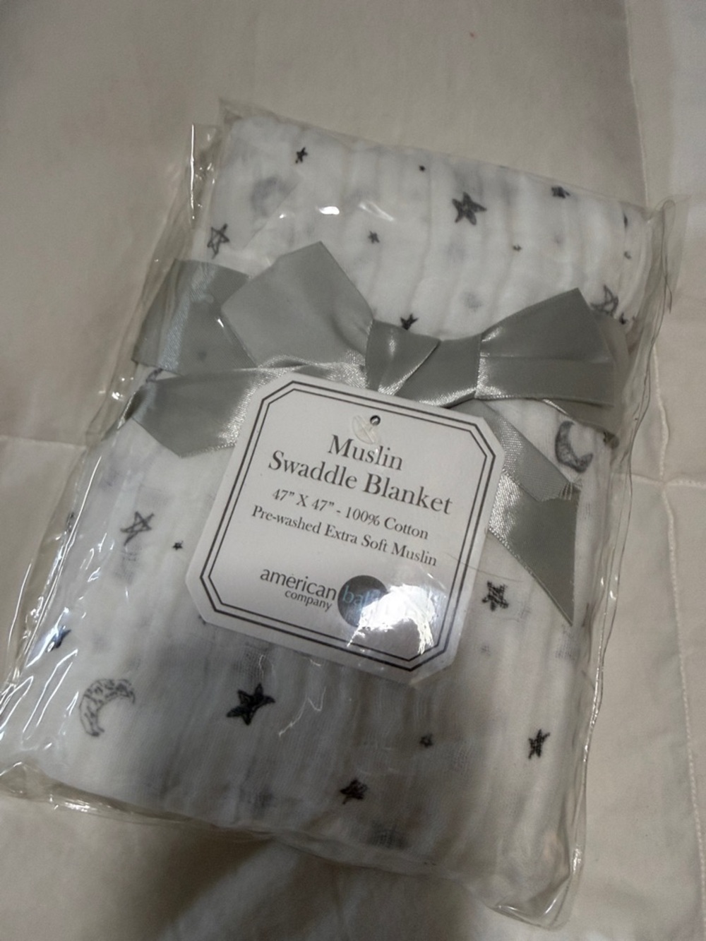 American Baby Company Muslin Swaddle Blanket - White with Gray Star & Moon Print